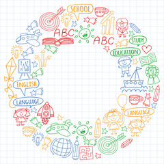 Vector set of english language, children's drawingicons icons in doodle style. Painted, colorful, pictures on a sheet of checkered paper on a white background.