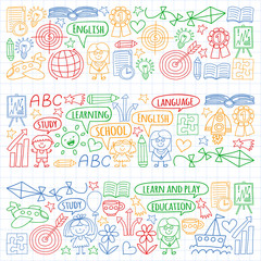Fototapeta na wymiar Vector set of english language, children's drawingicons icons in doodle style. Painted, colorful, pictures on a sheet of checkered paper on a white background.