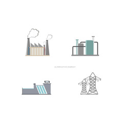 industrial buildings set chemical factory energy stations power plants  energy manufacturing constructions collection   air and environment pollution concept white background flat vector illustration