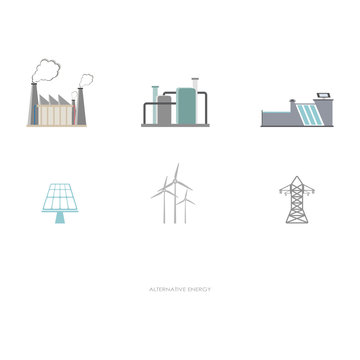 environmental eco plants set with factories and stations which using alternative energy sources solar panel wind turbine white background copy space vector illustration 