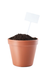 Brown flower pot with ground isolated on white background