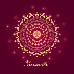 Mandala illustration with Namaste indian word. ethnic ornament on red background