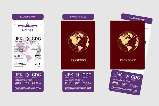 International red passport and vertical boarding pass. Vector illustration.