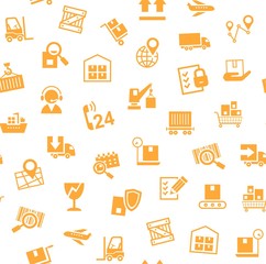 Cargo delivery, seamless pattern, white, orange, vector. Cargo transportation and delivery of goods. Orange icons on white background. Vector flat seamless pattern. 