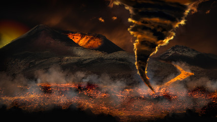 Extreme weather with tornado twister and erupting volcano in the background. Montage - obrazy, fototapety, plakaty