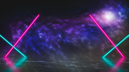 Pastel colored neon laser lights on alien planet of ice and fog. Colorful galaxy in outer space....