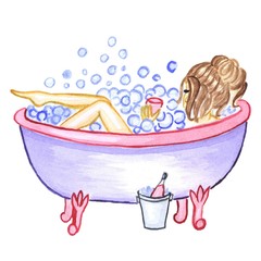 Watercolor illustration of girl in the bath. Hand drawn 