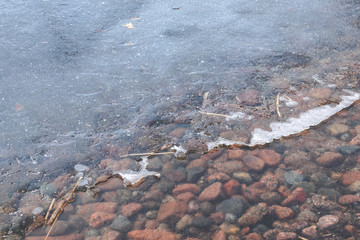 Ice melting on lake at rocky waters edge.