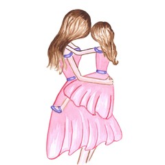 Watercolor illustration of girls. Mother and daughter. Hand drawn 
