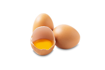 Raw chicken eggs on a white background. Eggs close-up for designers.