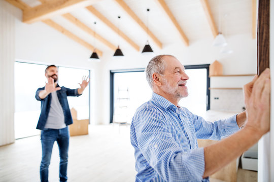 A senior man helping his son hanging up pictures on wall, a new home concept.