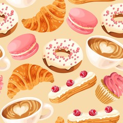 Vector seamless pattern with coffee and donuts