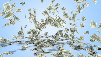 hundred dollar banknotes fall on graund on blue background