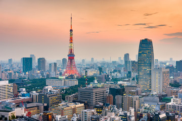 Naklejka na ściany i meble Tokyo, Japan cityscape and tower after sunset.
