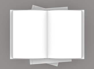 Pack of books with an opened book on a top. Template. 3D rendering.