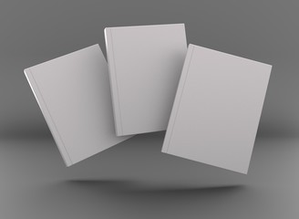 Three books template on a grey background. Advertisement mock up. 3D rendering.