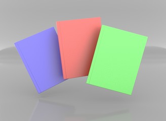 Blue, red and green books with a hard cover for presentation and advertisement. 3D rendering.