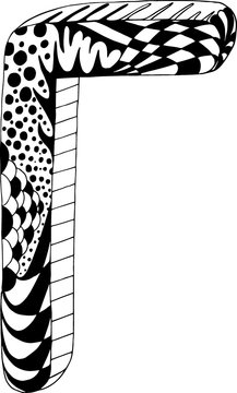 Letter G with patterns. Black and white vector illustration for coloring book