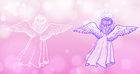 Little hand drawn angel on shining pink background