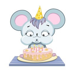 cartoon mouse birthday boy blowing a cake with candles