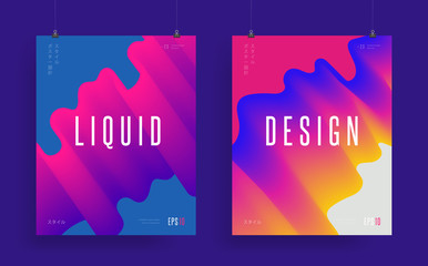 Modern abstract liquid flow shape. Gradient wave forms background with message. Small japanese text (translation: «poster design style»). Futuristic poster, flyer EPS 10 vector illustration