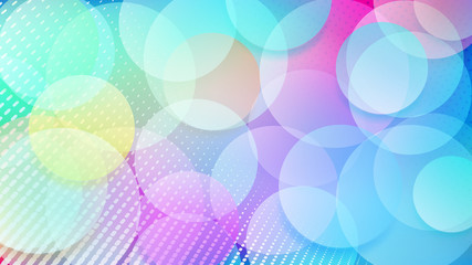 Abstract background of translucent circles and halftone dots in various colors
