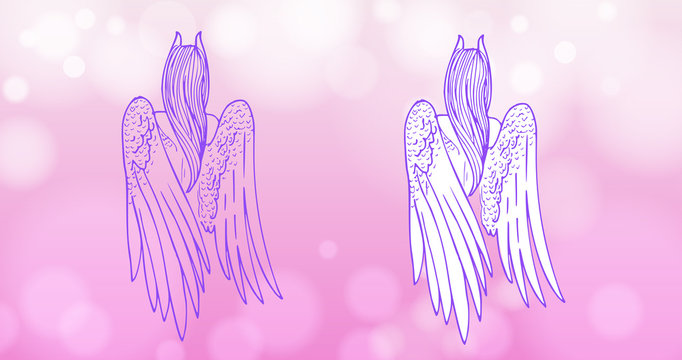 Hand-drawn beautiful leaving girl with white wings and small horns.