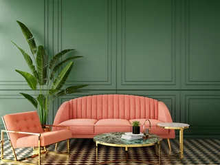 interior design for living area or reception with classic wall background ,living coral pantone / 3d illustration,3d rendering © TATTA