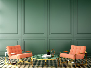 interior design for living area or reception with classic wall background ,living coral pantone / 3d illustration,3d rendering
