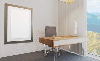 Director's office in bright colors with a large window against the backdrop of the mountains 3D rendering. Blank paintings. mockup