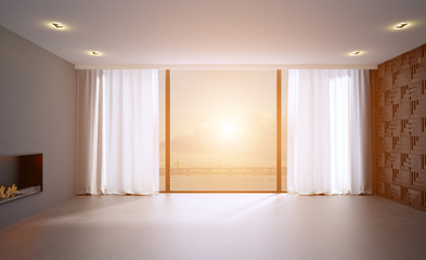 Empty interior with a large panoramic window overlooking the mountains. Hot modern fireplace.. 3D rendering. Sunset