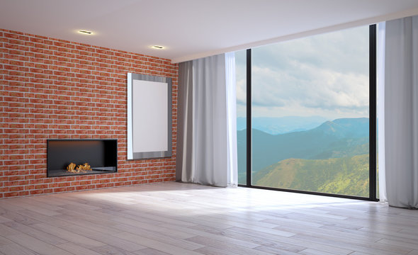 Empty living room with wooden and brick walls. Big window. Modern fireplace.. 3D rendering. Blank paintings.  Mockup.