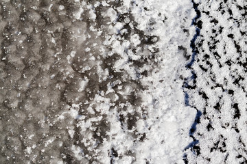 the lake has frozen ice on it is uneven. has sharahovatast. shade of gray. there is a crack on it