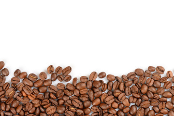 Coffee beans background. Hard roasted coffee beans, isolated white background with copy space.