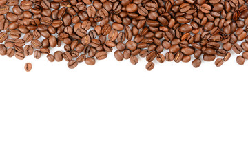 Coffee beans background. Hard roasted coffee beans, isolated white background with copy space.