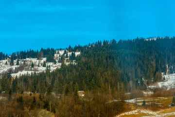Photo sur Plexiglas Forêt dans le brouillard Magnificent mountain landscape with green forest and blue sky of western Ukraine