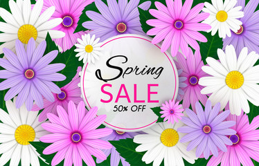 Spring Sale Banner background with beautiful colorful flowers are blooming.And use it as a banner or placard.And is used as an illustration or backdrop. -vector