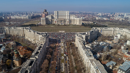 Aerial cityscape with a busy boulevard in Bucharest on a sunny day