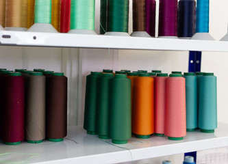 Shelf with multi-colored skeins of thread