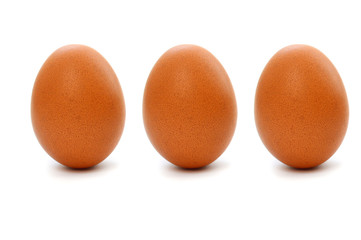 Three chicken eggs on a white background