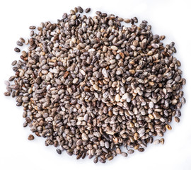 Heap of Chia seeds isolated on white background. Top view.