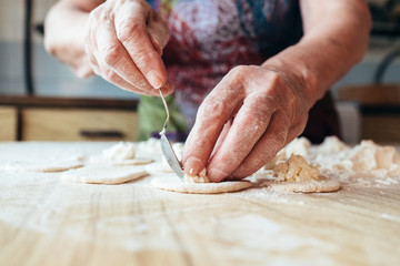 Wrinkled grandmothers hands putting filling in dough. Close up view.