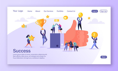 Concept of landing page for mobile website development and web page design. Concept of teamwork business success. Big hand with thumb up and happy flat people characters. Achievement concept.