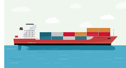 Cargo Ship Container in the Ocean Transportation, Shipping Freight Eransportation. Vector Illustration.