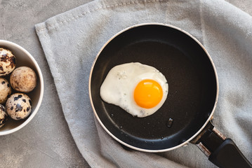 Quail egg fried in a pan. Fresh organic egg.