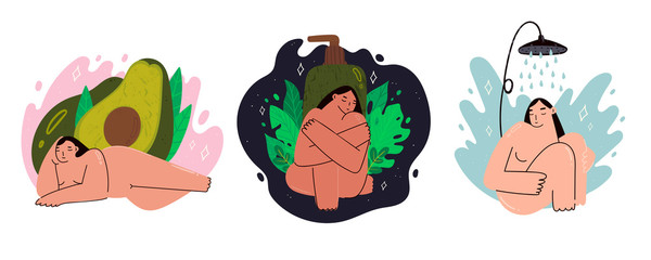 Love your body. Spa relaxation.  Attractive plus size women take care of themselves. Hand drawn vector illustrations in trendy style. Set of three self care illustrations. All elements are isolated