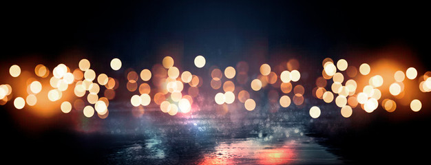 Background of wet asphalt with neon light. Blurred background, night lights, reflection. - obrazy, fototapety, plakaty