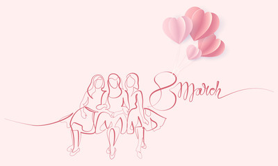 Friends girls sitting together one line drawing