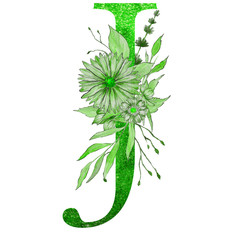 Green glitter watercolor letter of the alphabet with flowers and leaves on the white isolated background. Floral elegant design.