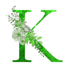 Green glitter watercolor letter of the alphabet with flowers and leaves on the white isolated background. Floral elegant design.